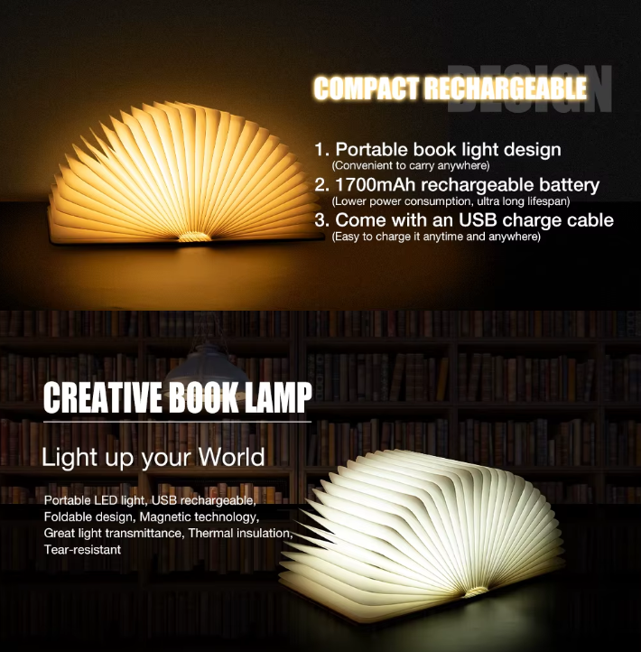 Magic Wooden Book Lamp – 360° Foldable USB Reading Light with Soft Glow & Long Battery Life for a Cozy Home Ambience