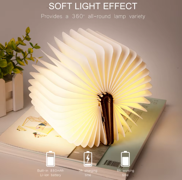 Magic Wooden Book Lamp – 360° Foldable USB Reading Light with Soft Glow & Long Battery Life for a Cozy Home Ambience